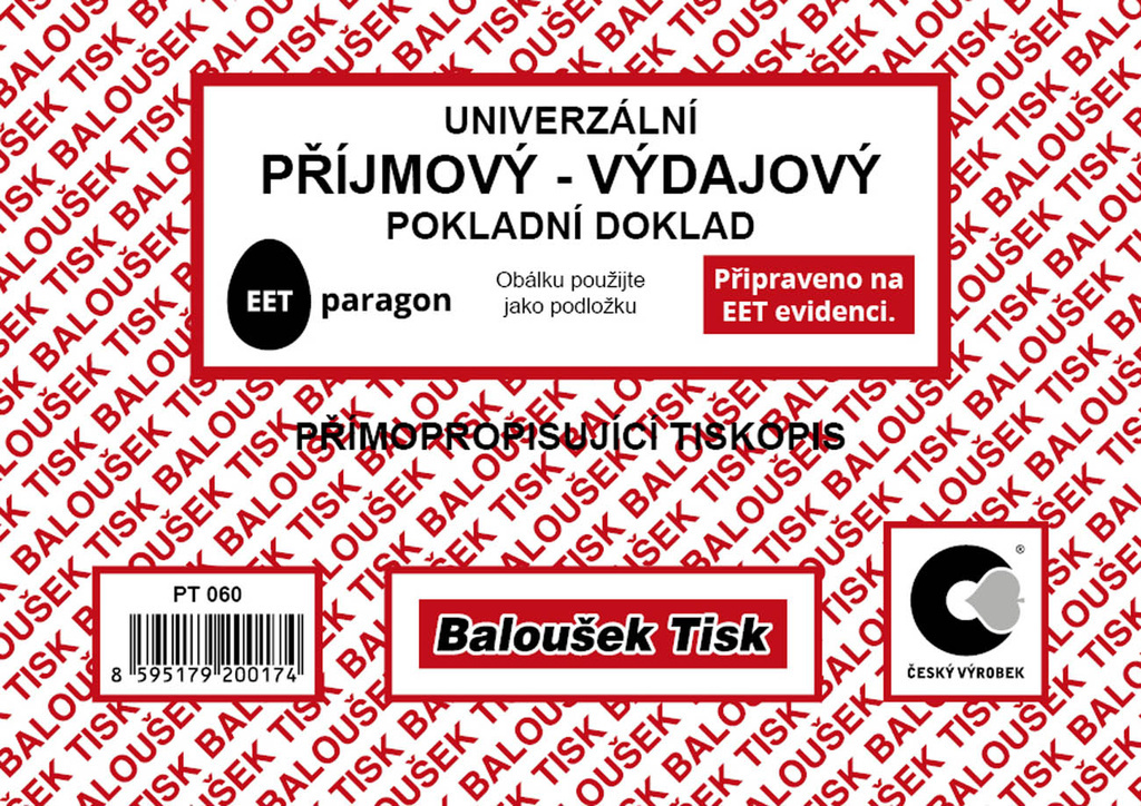 Univerzální příjmový a výdajový pokladní doklad Baloušek A6 / nečíslovaný / 50 listů / NCR / PT060